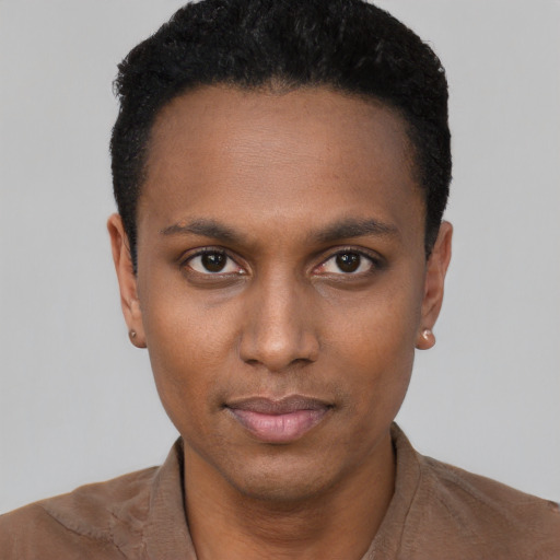 Neutral black young-adult male with short  black hair and brown eyes