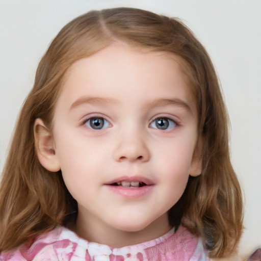 Neutral white child female with medium  brown hair and blue eyes