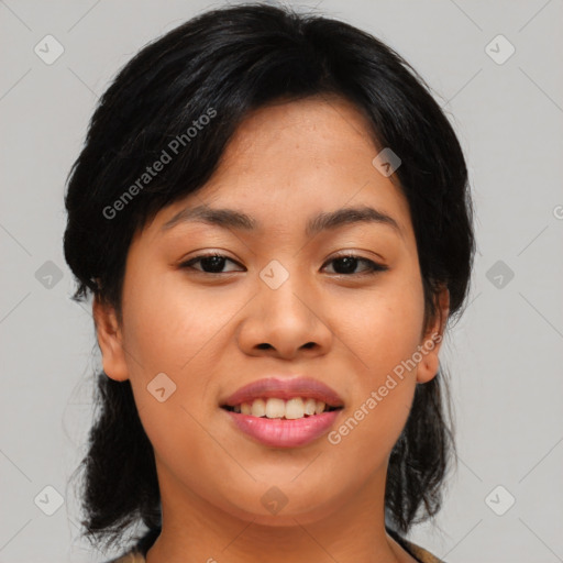 Joyful asian young-adult female with medium  black hair and brown eyes