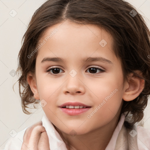 Joyful white child female with medium  brown hair and brown eyes