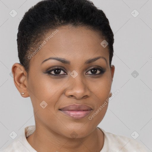 Joyful black young-adult female with short  brown hair and brown eyes