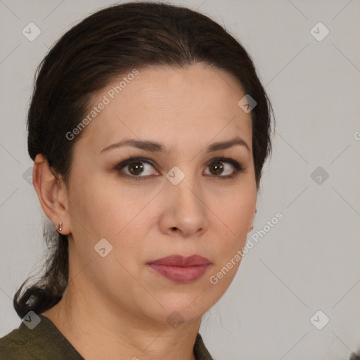 Neutral white young-adult female with medium  brown hair and brown eyes