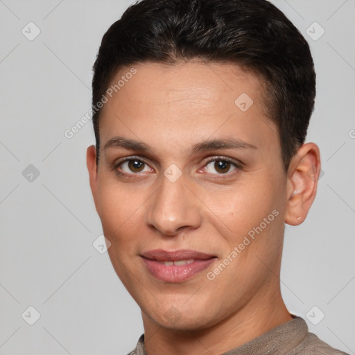 Joyful white young-adult male with short  brown hair and brown eyes