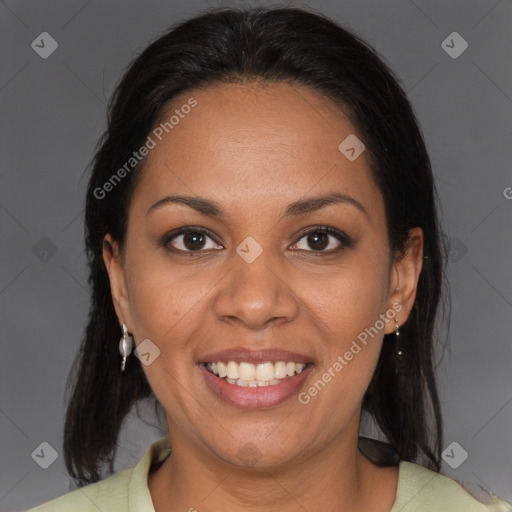 Joyful latino young-adult female with medium  brown hair and brown eyes