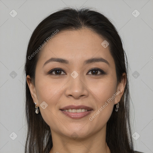 Joyful white young-adult female with long  brown hair and brown eyes