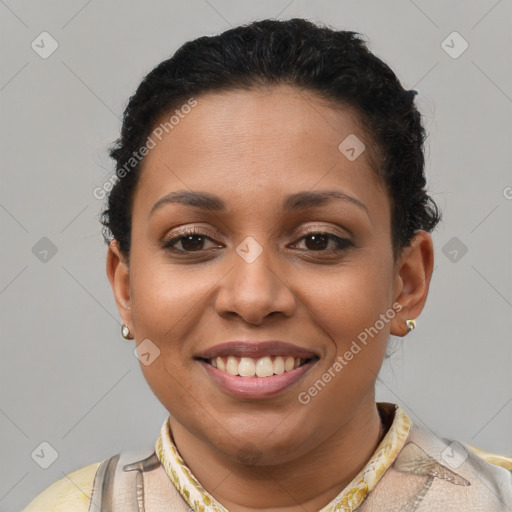 Joyful latino young-adult female with short  brown hair and brown eyes