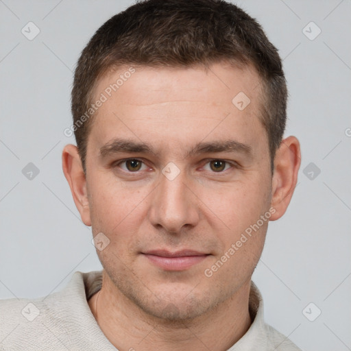 Joyful white young-adult male with short  brown hair and brown eyes