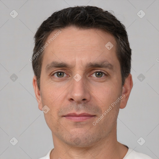 Neutral white adult male with short  brown hair and brown eyes