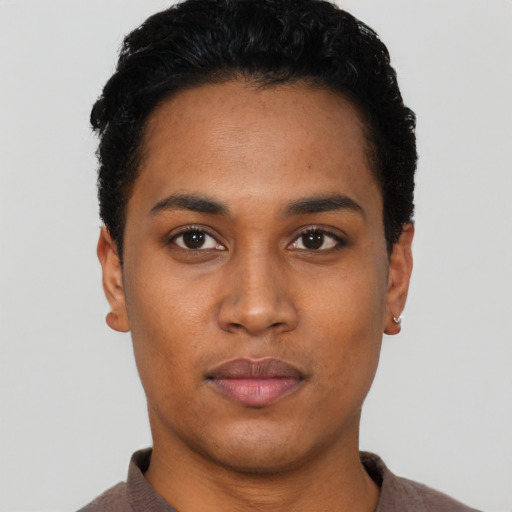Neutral black young-adult female with short  black hair and brown eyes