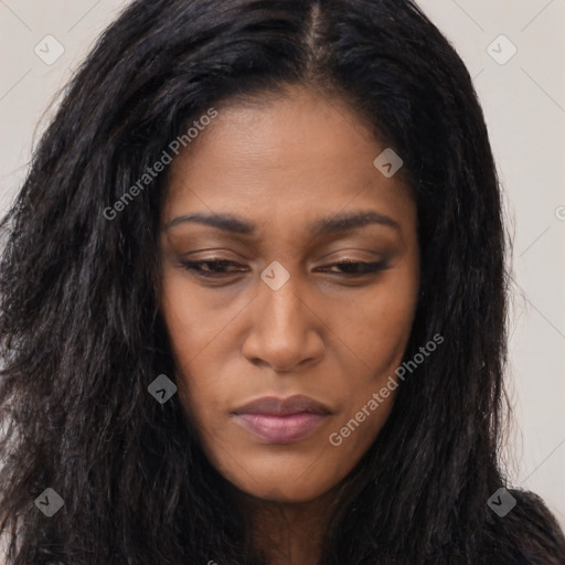 Joyful black young-adult female with long  black hair and brown eyes