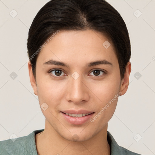 Joyful white young-adult female with short  brown hair and brown eyes