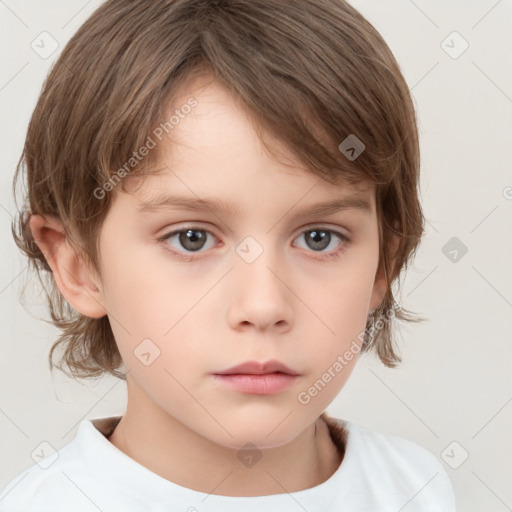 Neutral white child female with medium  brown hair and grey eyes