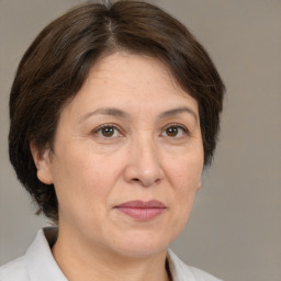 Joyful white adult female with medium  brown hair and brown eyes