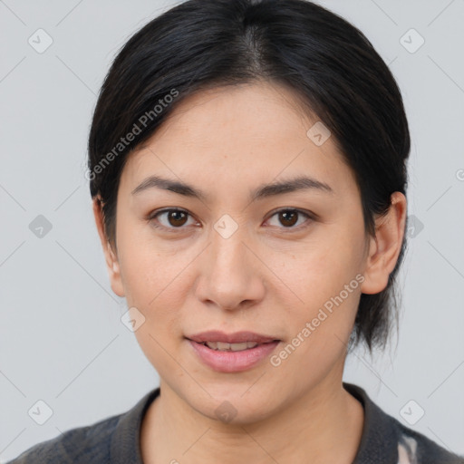 Joyful white young-adult female with medium  brown hair and brown eyes