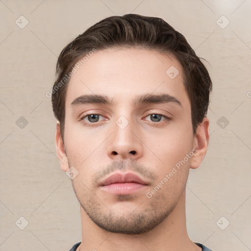 Neutral white young-adult male with short  brown hair and brown eyes