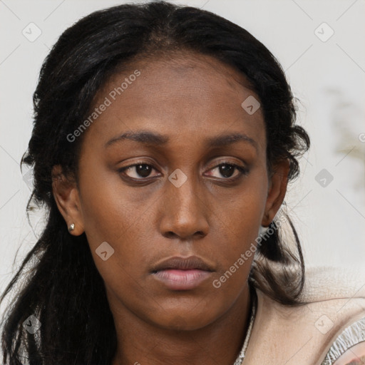 Neutral black young-adult female with long  brown hair and brown eyes