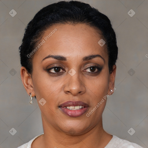 Joyful latino young-adult female with short  brown hair and brown eyes