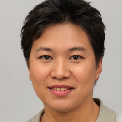 Joyful asian young-adult female with short  brown hair and brown eyes