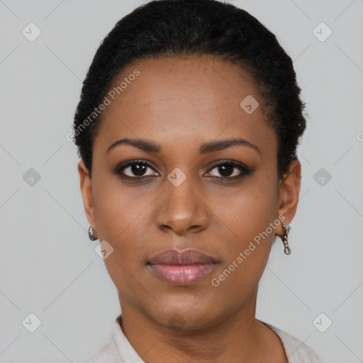 Neutral black young-adult female with short  black hair and brown eyes