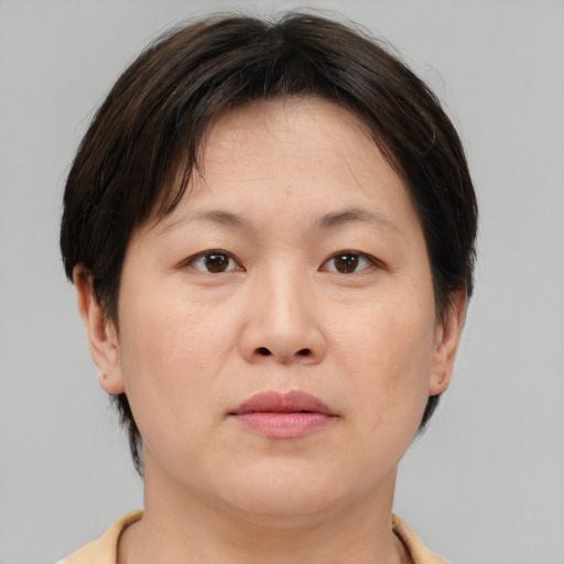 Neutral white young-adult female with short  brown hair and brown eyes