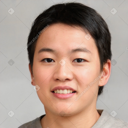 Joyful asian young-adult female with short  brown hair and brown eyes