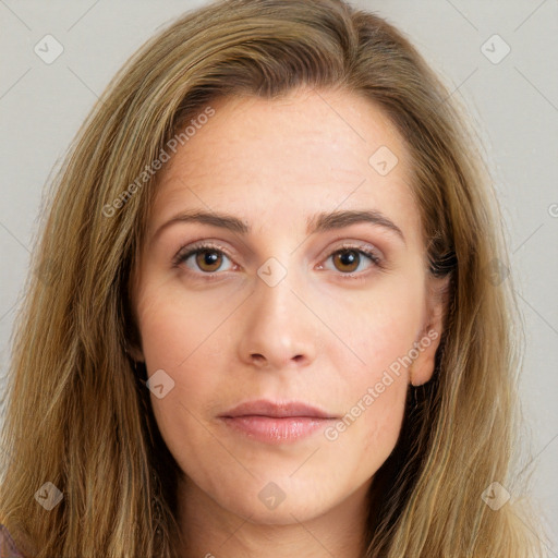 Neutral white young-adult female with long  brown hair and brown eyes