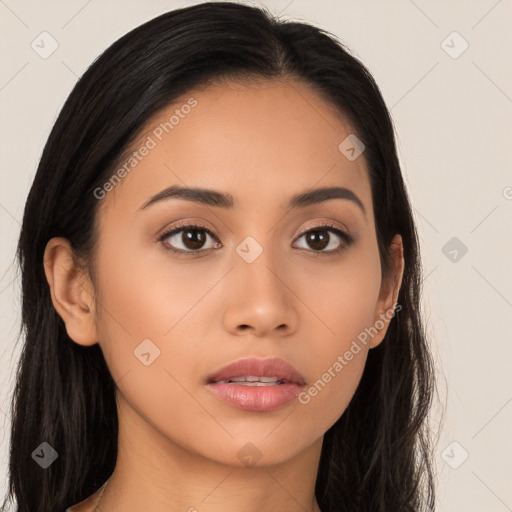 Neutral asian young-adult female with long  brown hair and brown eyes