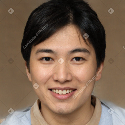 Joyful white young-adult male with medium  brown hair and brown eyes