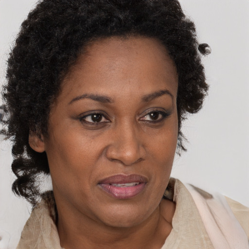 Joyful black adult female with short  brown hair and brown eyes