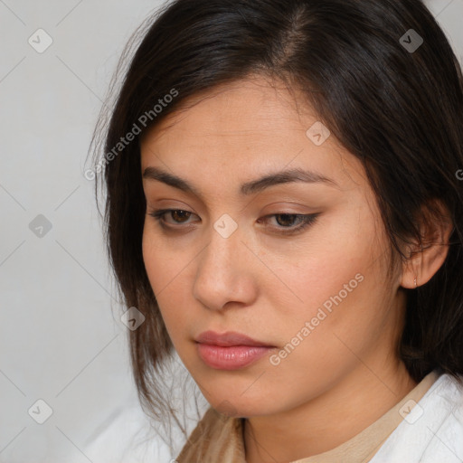 Neutral white young-adult female with medium  brown hair and brown eyes