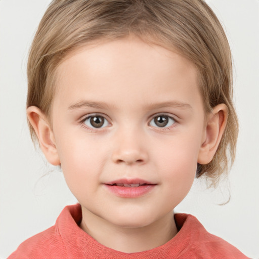 Joyful white child female with medium  brown hair and grey eyes