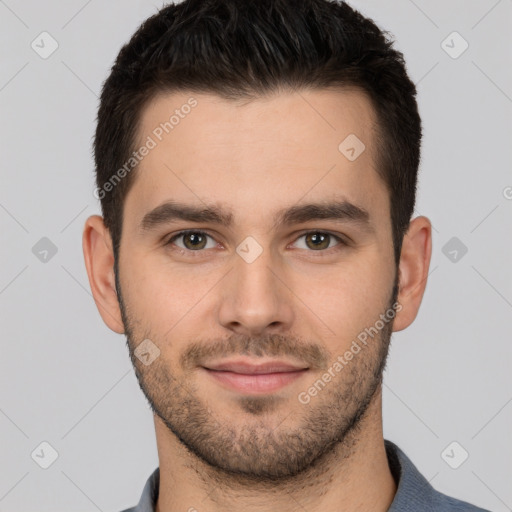 Neutral white young-adult male with short  brown hair and brown eyes