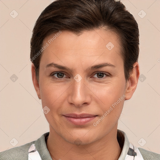 Joyful white young-adult female with short  brown hair and brown eyes