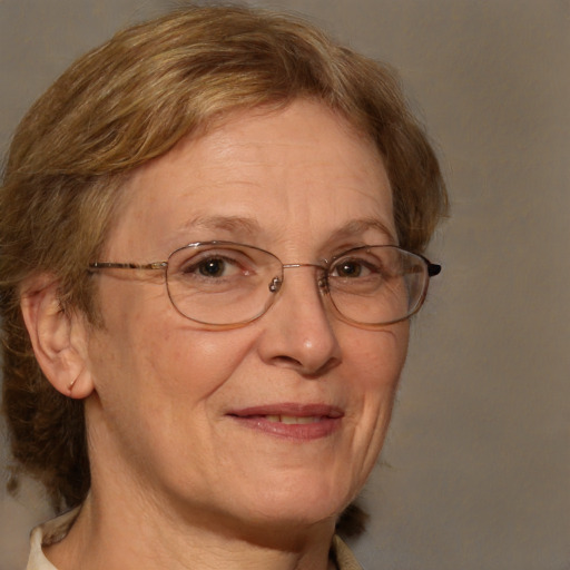 Joyful white middle-aged female with medium  brown hair and brown eyes