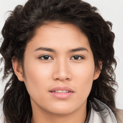 Neutral asian young-adult female with long  brown hair and brown eyes