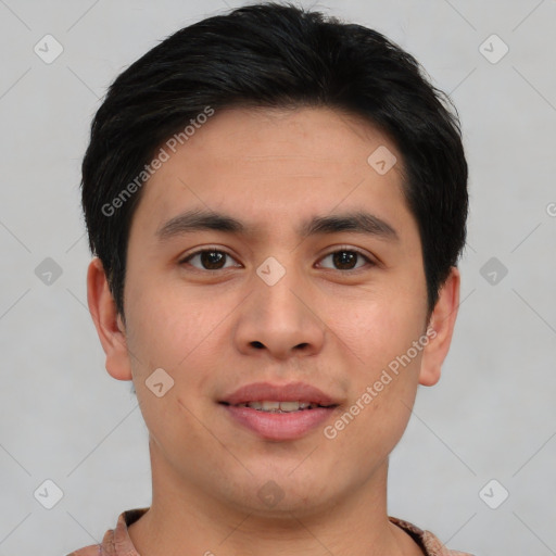 Joyful asian young-adult male with short  brown hair and brown eyes