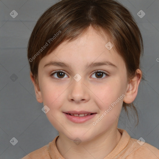 Joyful white child female with short  brown hair and brown eyes