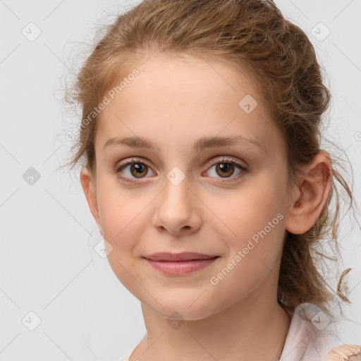 Joyful white child female with medium  brown hair and brown eyes