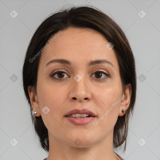 Joyful white young-adult female with medium  brown hair and brown eyes