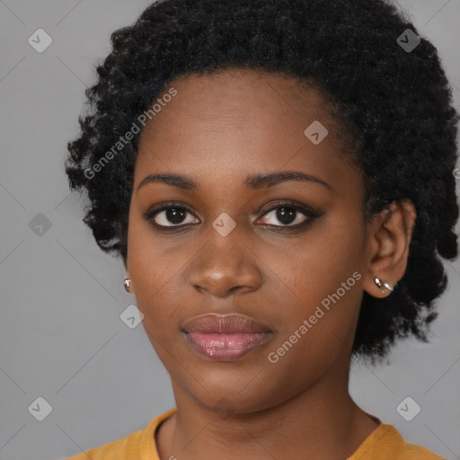 Neutral black young-adult female with short  black hair and brown eyes