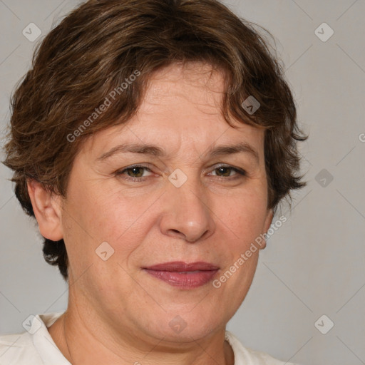 Joyful white adult female with short  brown hair and brown eyes