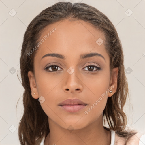 Neutral white young-adult female with medium  brown hair and brown eyes