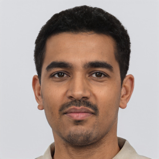 Neutral latino young-adult male with short  black hair and brown eyes