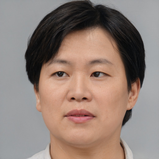 Joyful asian adult female with short  brown hair and brown eyes