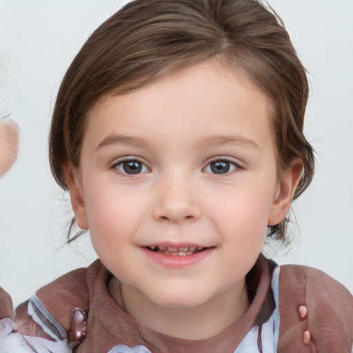 Joyful white child female with medium  brown hair and blue eyes