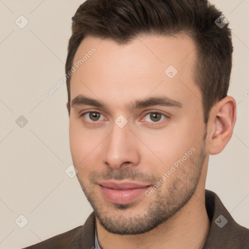 Neutral white young-adult male with short  brown hair and brown eyes