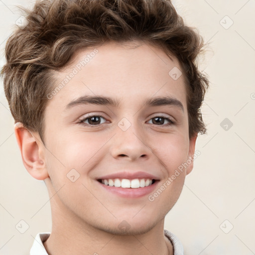 Joyful white child male with short  brown hair and brown eyes