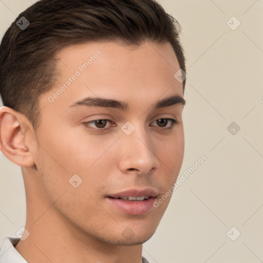 Neutral white young-adult male with short  brown hair and brown eyes