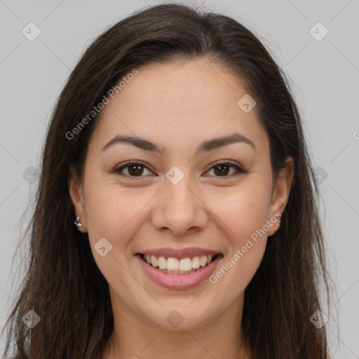 Joyful white young-adult female with long  brown hair and brown eyes