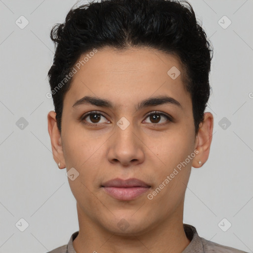 Neutral latino young-adult male with short  brown hair and brown eyes